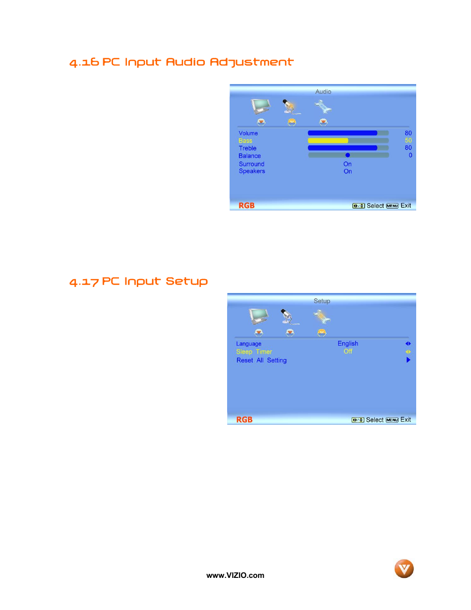 16 pc input audio adjustment, Pc input setup, 17 pc input setup | Vizio VX52L User Manual | Page 57 / 79