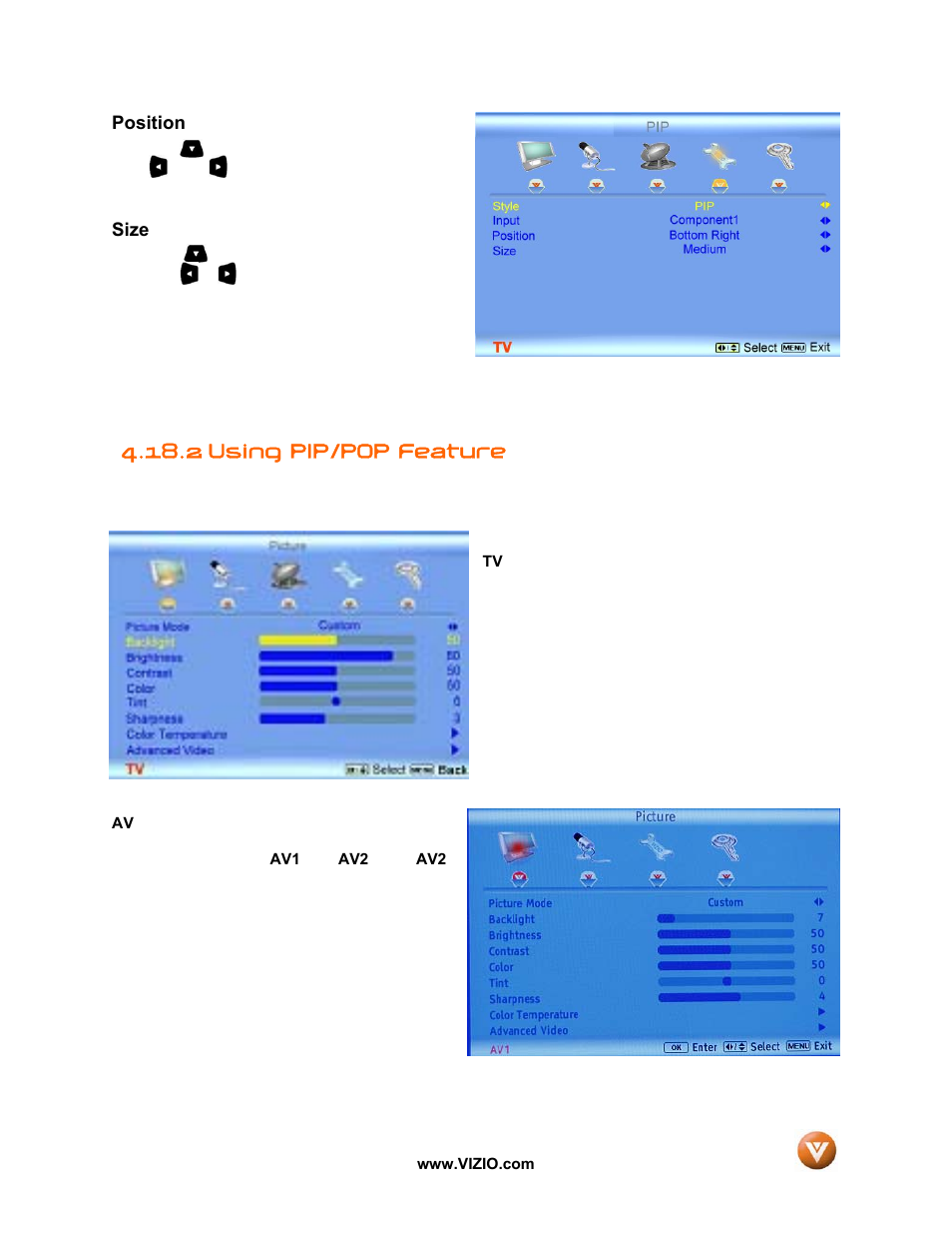 Position, Size, 2 using pip/pop feature | Vizio VX52L User Manual | Page 60 / 79