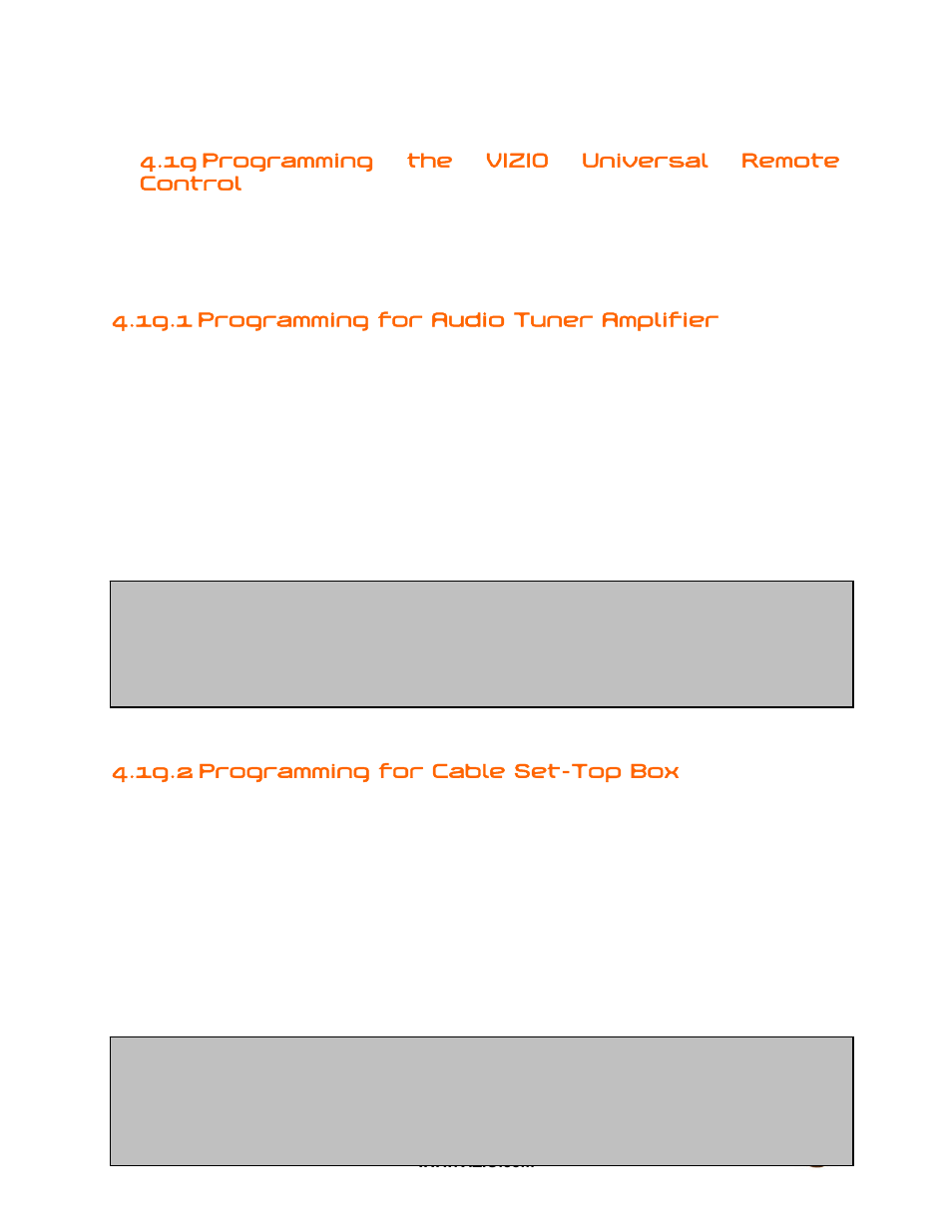 19 programming the vizio universal remote control, 1 programming for audio tuner amplifier, 2 programming for cable set-top box | Vizio VX52L User Manual | Page 62 / 79