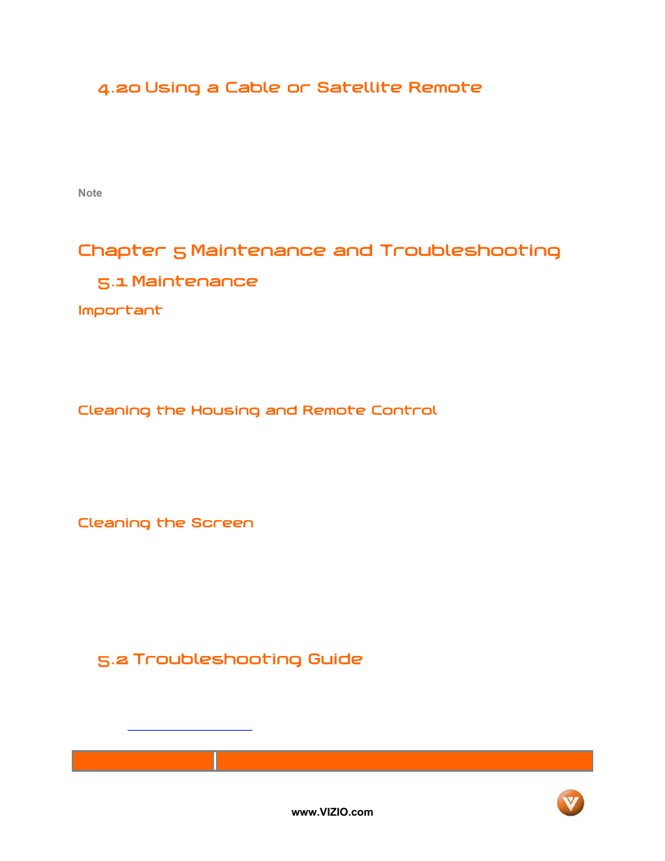 20 using a cable or satellite remote, Chapter 5 maintenance and troubleshooting, 1 maintenance | 2 troubleshooting guide | Vizio VX52L User Manual | Page 64 / 79