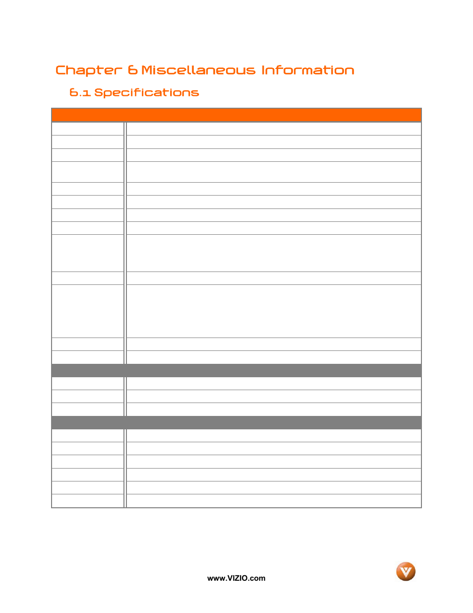 Chapter 6 miscellaneous information, 1 specifications | Vizio VX52L User Manual | Page 68 / 79