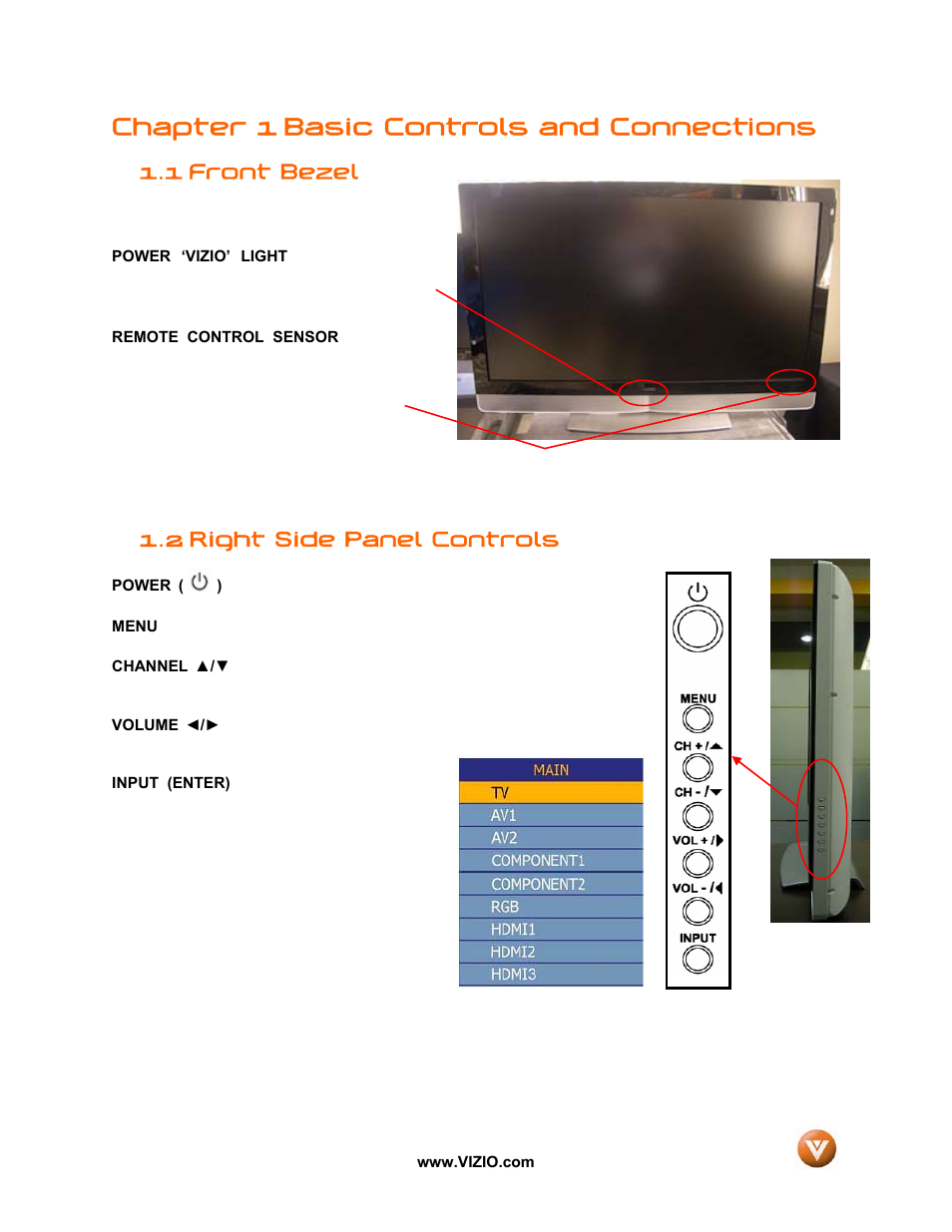 Chapter 1 basic controls and connections, Front bezel, Right side panel controls | 1 front bezel, 2 right side panel controls | Vizio VX52L User Manual | Page 9 / 79