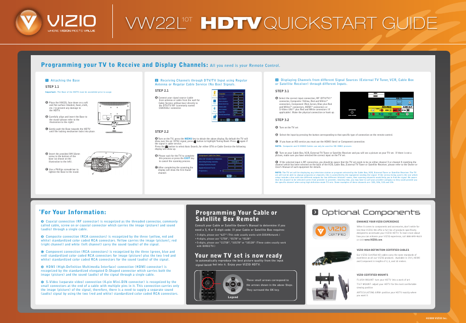 Vw22l_10t_qsg_back_031208, Vw22l hdtv quickstart guide, Optional components | Programming your cable or satellite box remote, For your information, Your new tv set is now ready | Vizio VW22L User Manual | Page 2 / 2