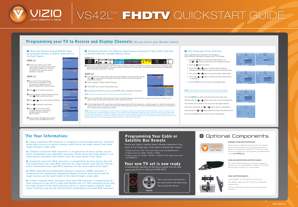 Vs42lf_qsg_back_103007, Vs42l fhdtv quickstart guide, Optional components | Programming your cable or satellite box remote, For your information, Your new tv set is now ready | Vizio VS42L User Manual | Page 2 / 2