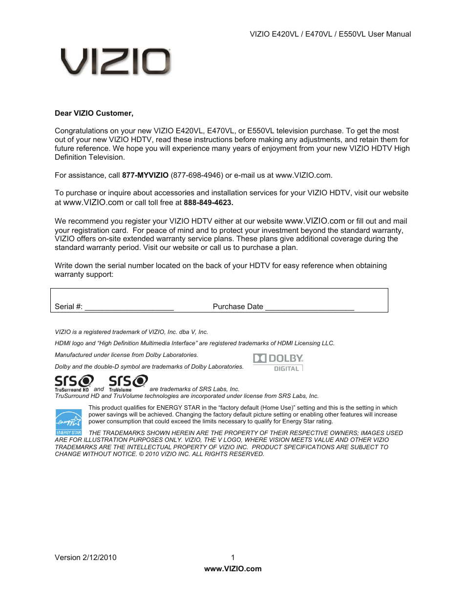 Vizio E550VL User Manual | 73 pages