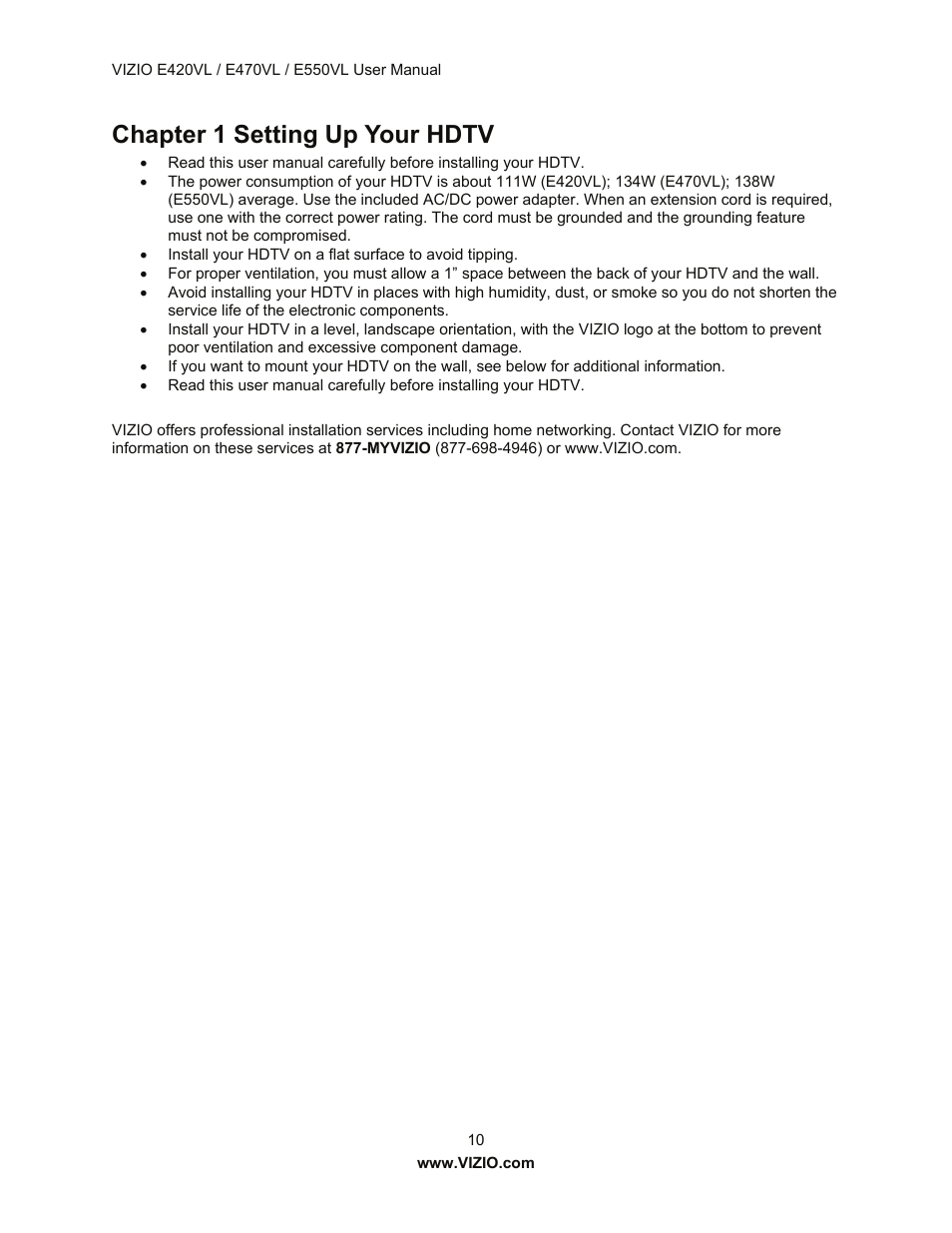 Chapter 1 setting up your hdtv | Vizio E550VL User Manual | Page 10 / 73