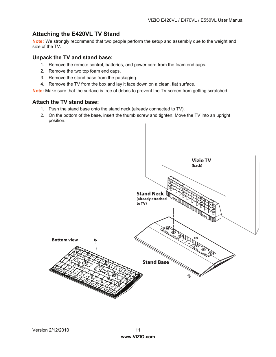 Attaching the e420vl tv stand | Vizio E550VL User Manual | Page 11 / 73