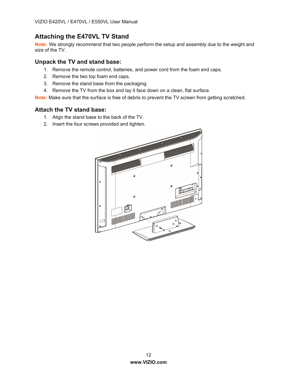 Attaching the e470vl tv stand | Vizio E550VL User Manual | Page 12 / 73