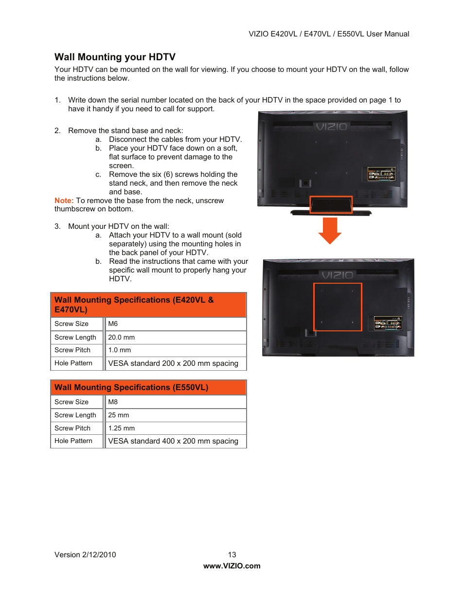 Wall mounting your hdtv | Vizio E550VL User Manual | Page 13 / 73
