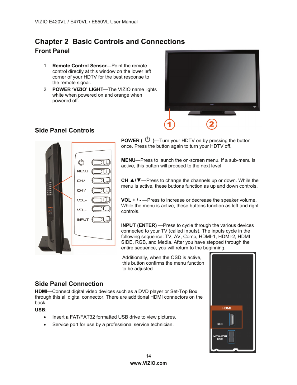Chapter 2 basic controls and connections, Front panel, Side panel controls | Side panel connection | Vizio E550VL User Manual | Page 14 / 73