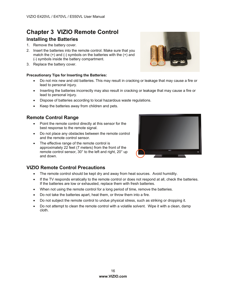 Chapter 3 vizio remote control, Installing the batteries, Remote control range | Vizio remote control precautions | Vizio E550VL User Manual | Page 16 / 73