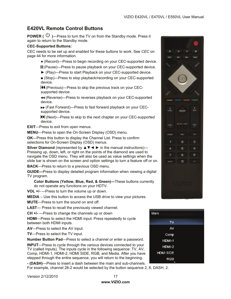 E420vl remote control buttons | Vizio E550VL User Manual | Page 17 / 73
