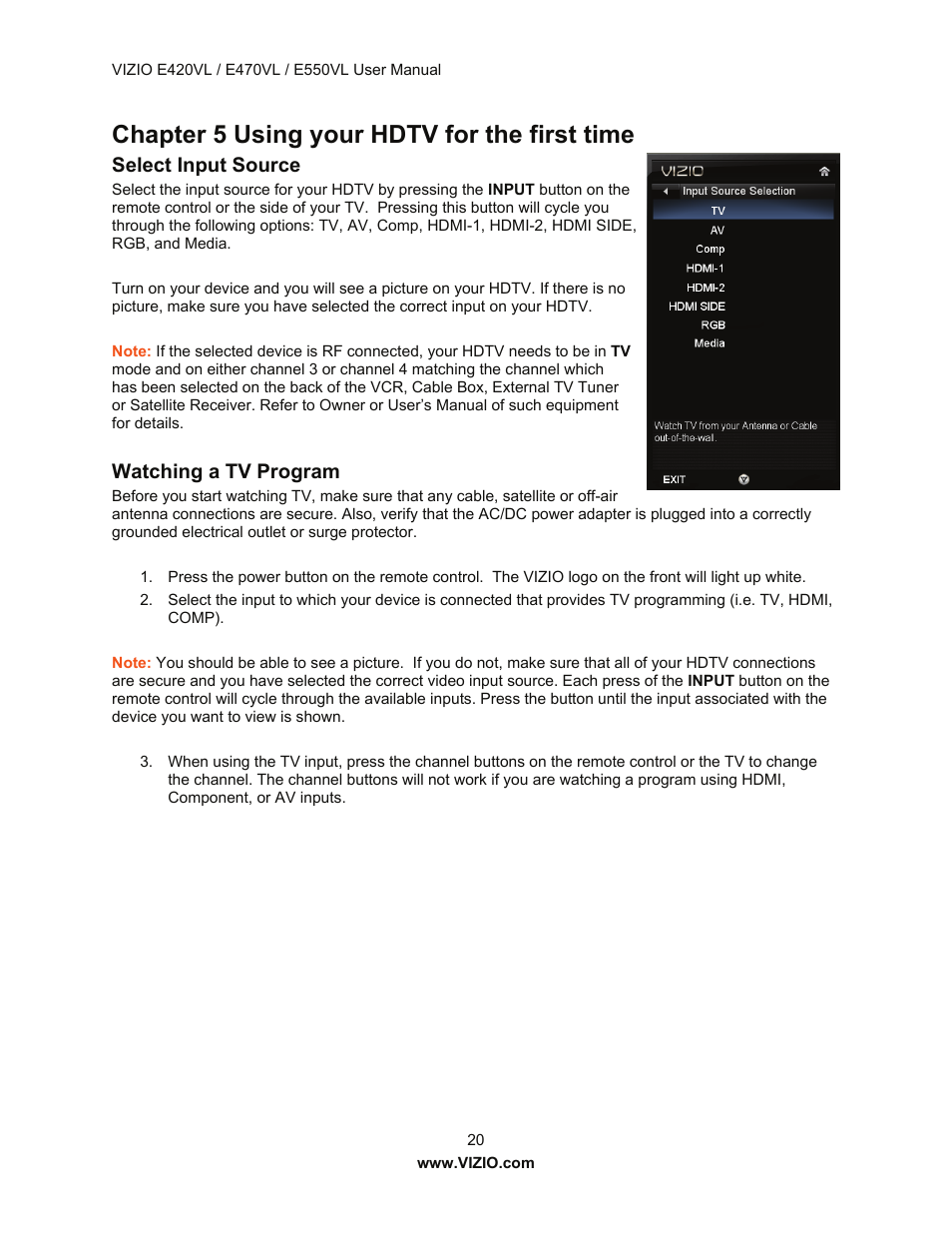 Chapter 5 using your hdtv for the first time, Select input source, Watching a tv program | Vizio E550VL User Manual | Page 20 / 73