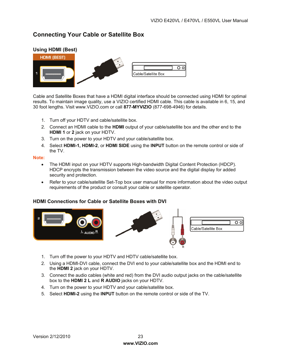 Connecting your cable or satellite box | Vizio E550VL User Manual | Page 23 / 73