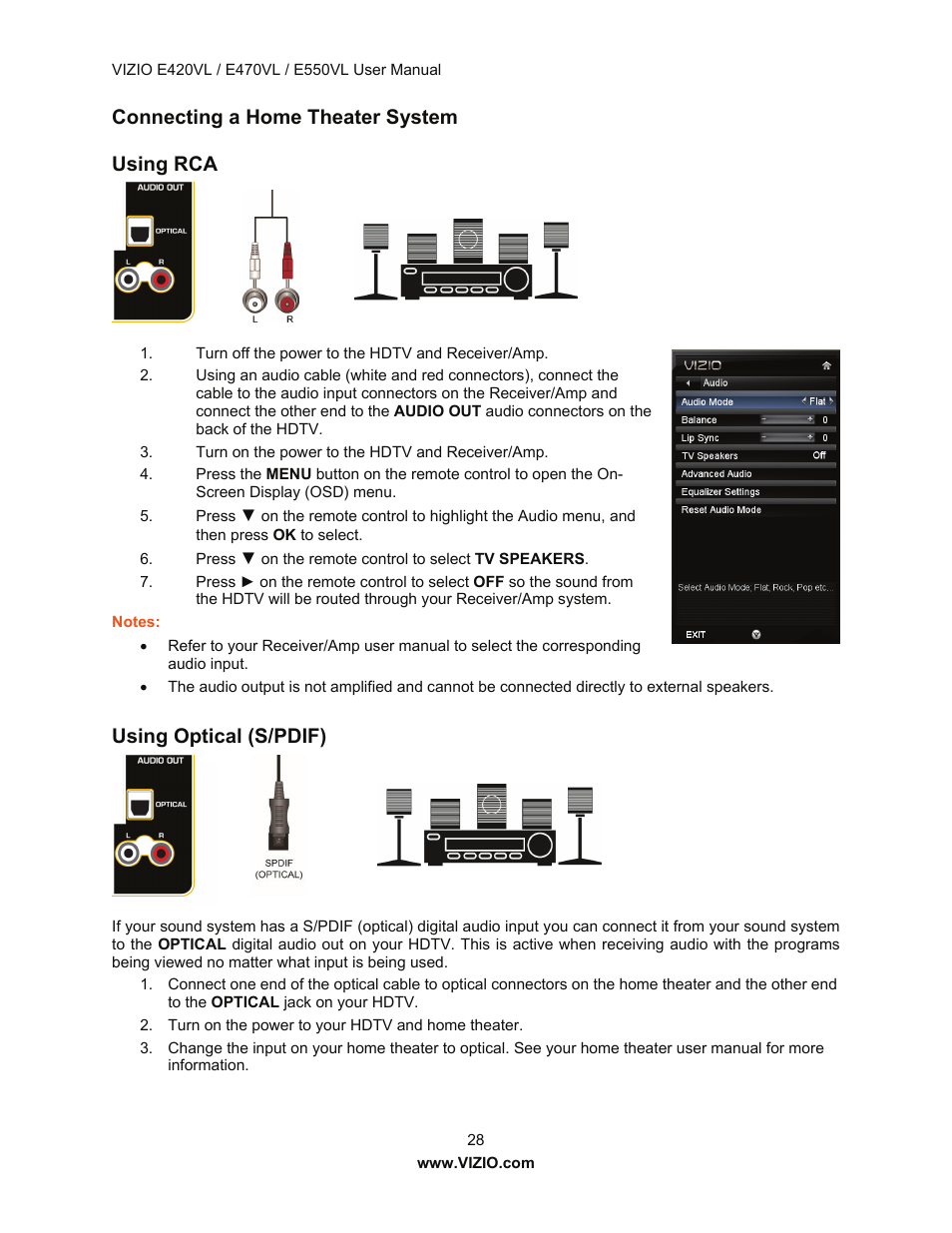 Connecting a home theater system using rca, Using optical (s/pdif) | Vizio E550VL User Manual | Page 28 / 73