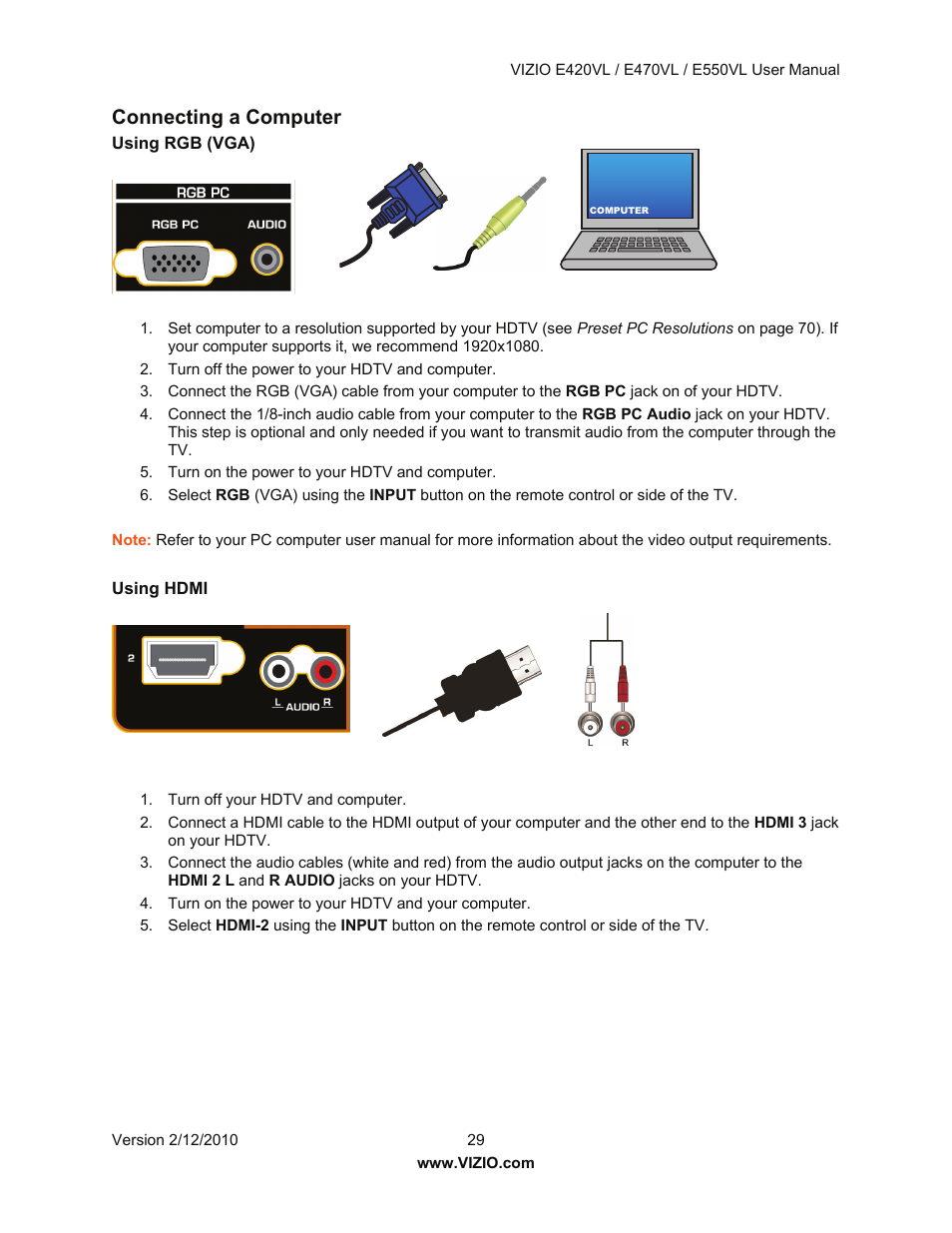 Connecting a computer | Vizio E550VL User Manual | Page 29 / 73