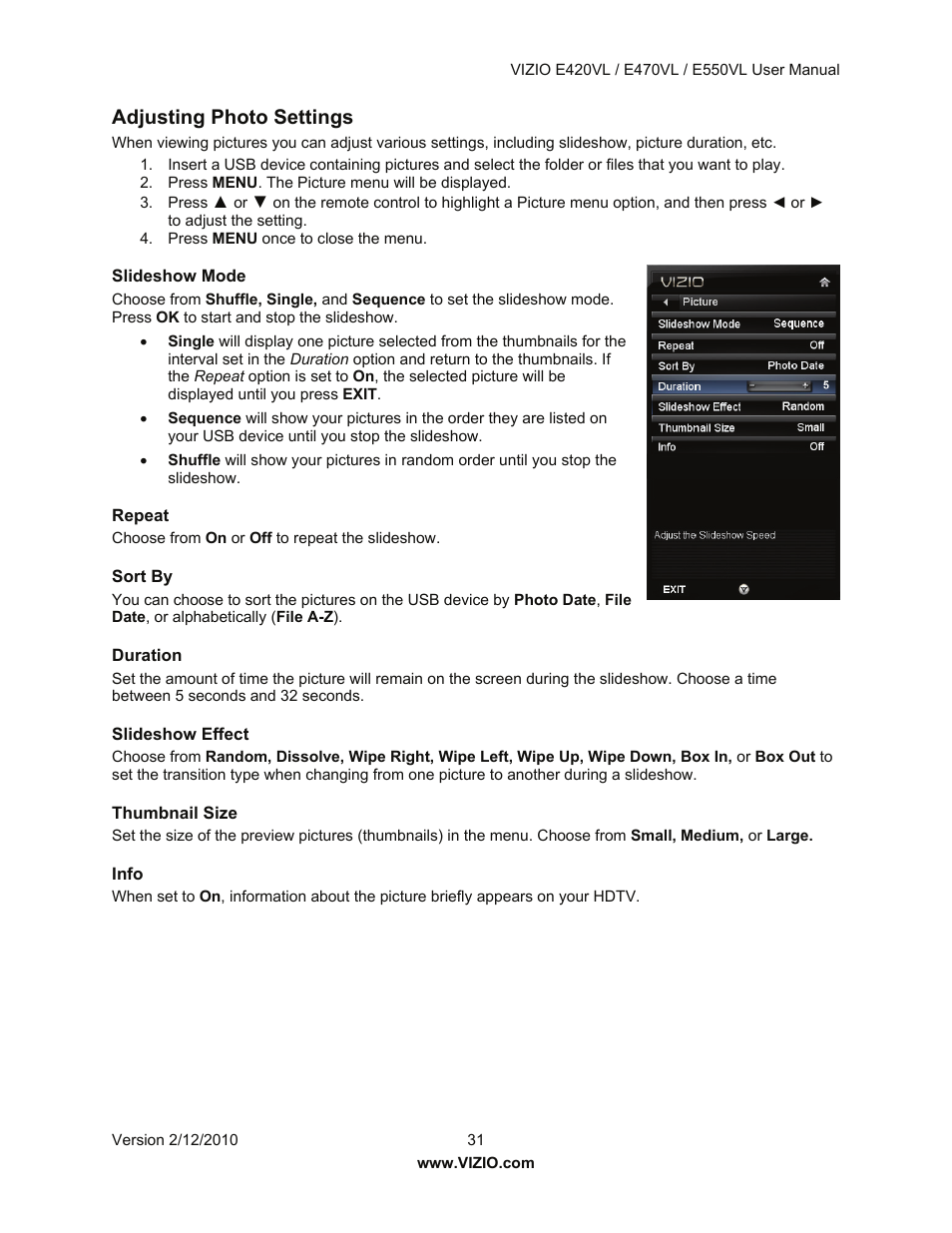 Adjusting photo settings | Vizio E550VL User Manual | Page 31 / 73