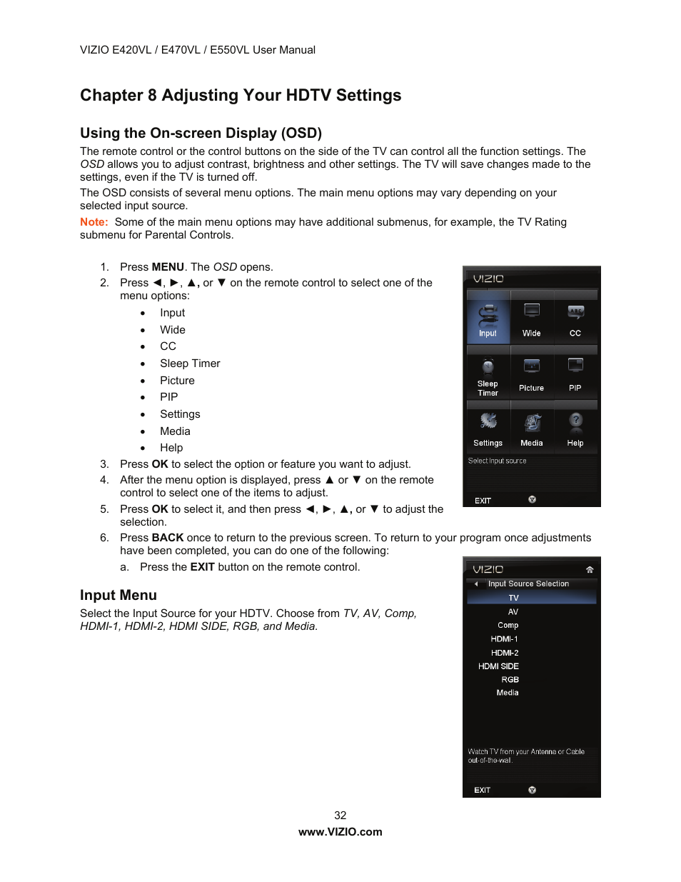 Chapter 8 adjusting your hdtv settings, Using the on-screen display (osd), Input menu | Vizio E550VL User Manual | Page 32 / 73
