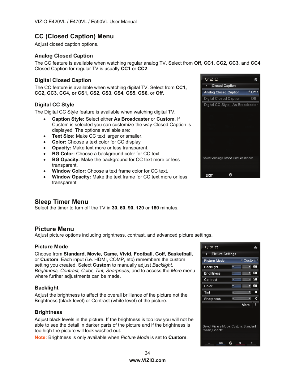 Cc (closed caption) menu, Sleep timer menu, Picture menu | Vizio E550VL User Manual | Page 34 / 73