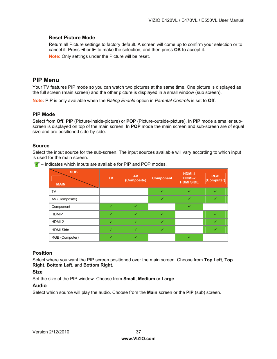 Pip menu, Reset picture mode, Pip mode | Source, Position, Size, Audio | Vizio E550VL User Manual | Page 37 / 73