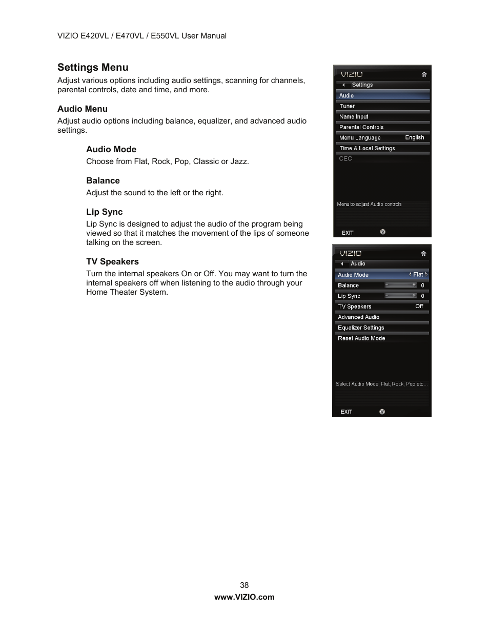 Settings menu | Vizio E550VL User Manual | Page 38 / 73