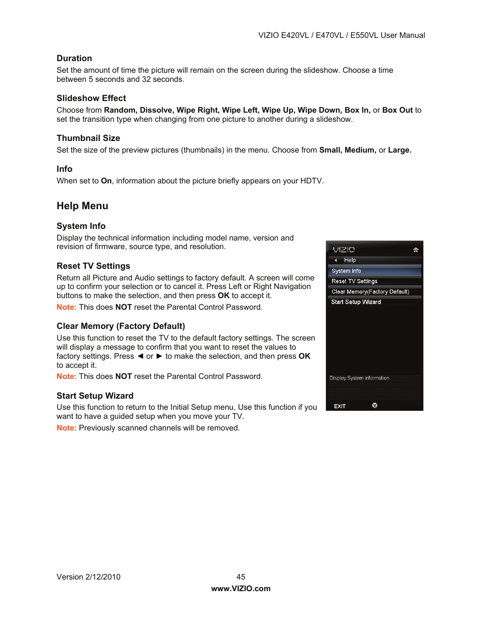 Help menu | Vizio E550VL User Manual | Page 45 / 73