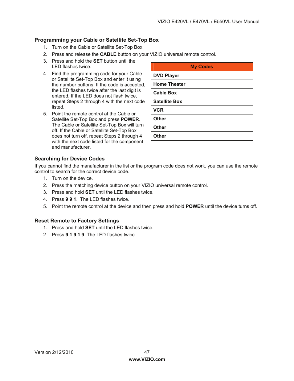 Vizio E550VL User Manual | Page 47 / 73