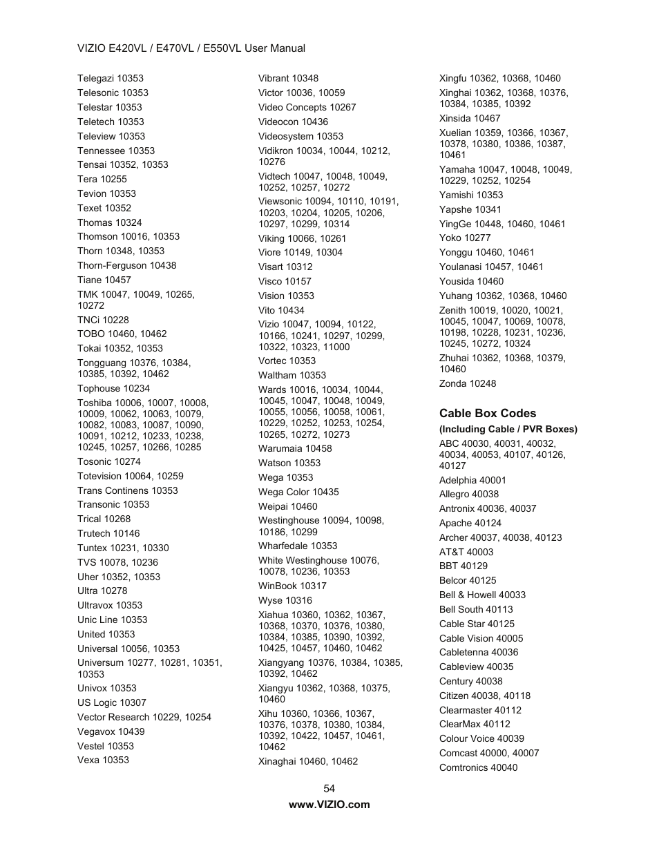 Vizio E550VL User Manual | Page 54 / 73