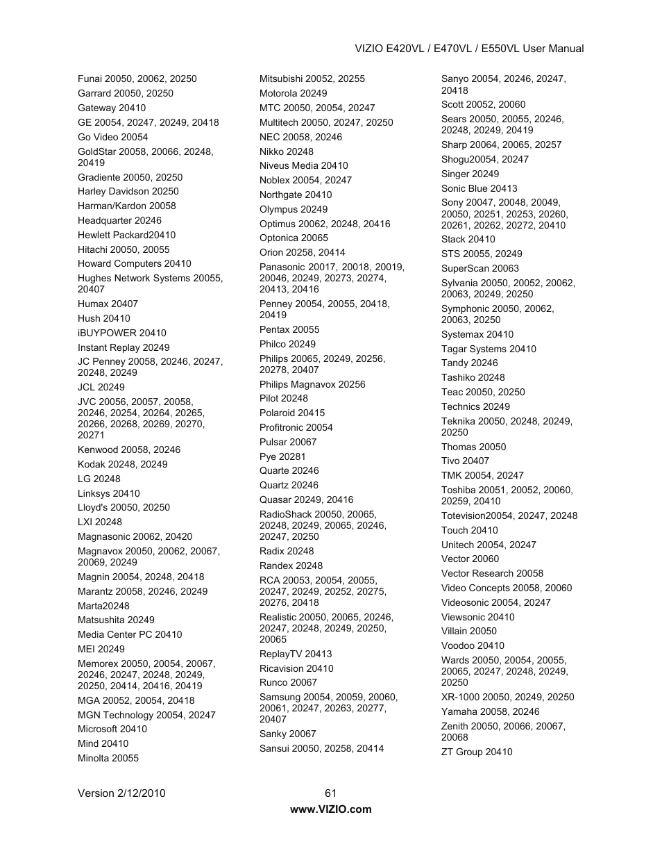 Vizio E550VL User Manual | Page 61 / 73