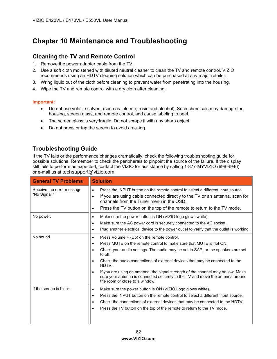 Maintenance and troubleshooting, Chapter 10, Cleaning the tv and remote control | Troubleshooting guide | Vizio E550VL User Manual | Page 62 / 73