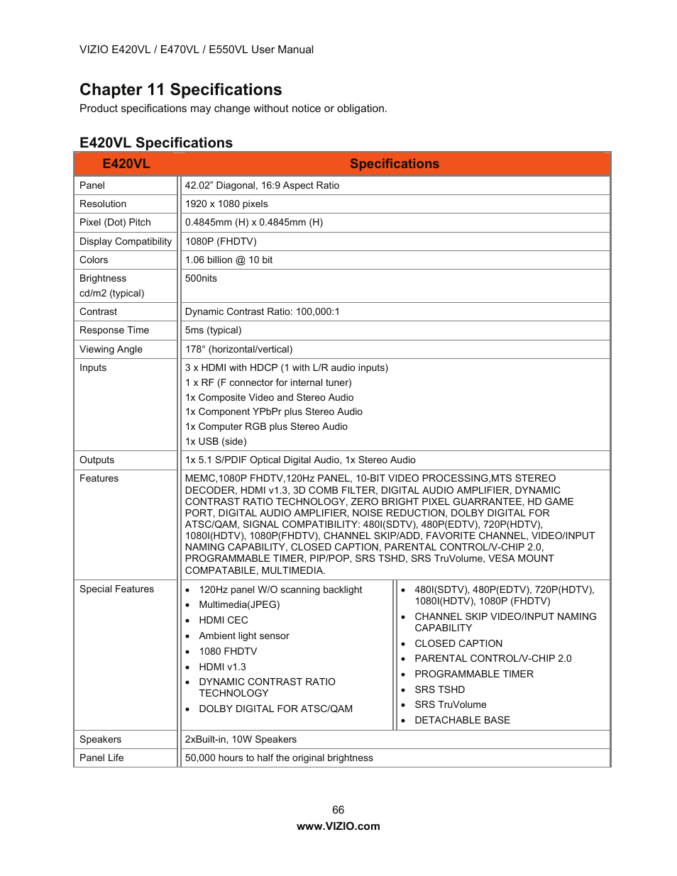 Chapter 11 specifications, E420vl specifications, E420vl | Specifications | Vizio E550VL User Manual | Page 66 / 73