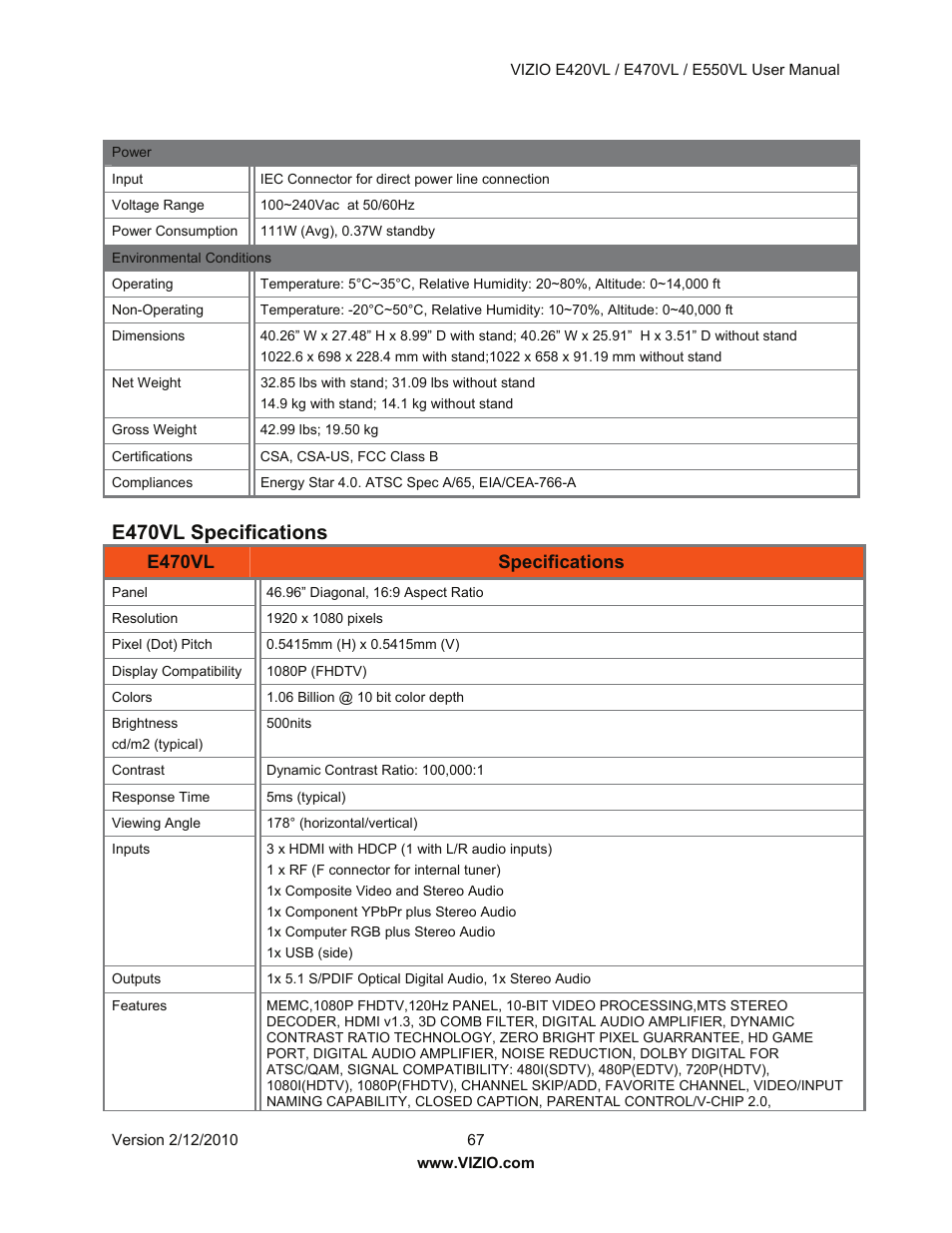 E470vl specifications, E470vl, Specifications | Vizio E550VL User Manual | Page 67 / 73