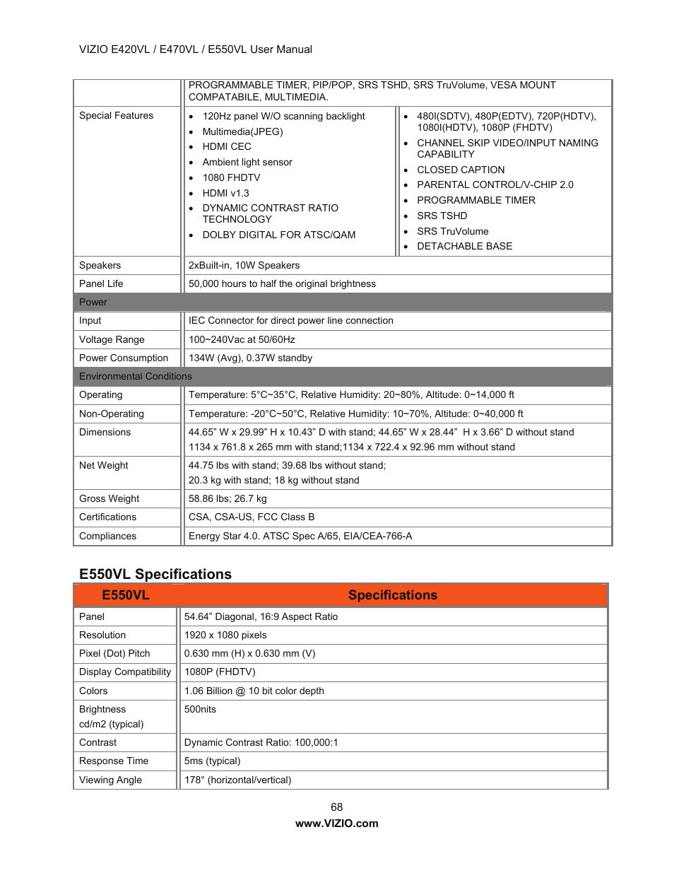 E550vl specifications, E550vl, Specifications | Vizio E550VL User Manual | Page 68 / 73