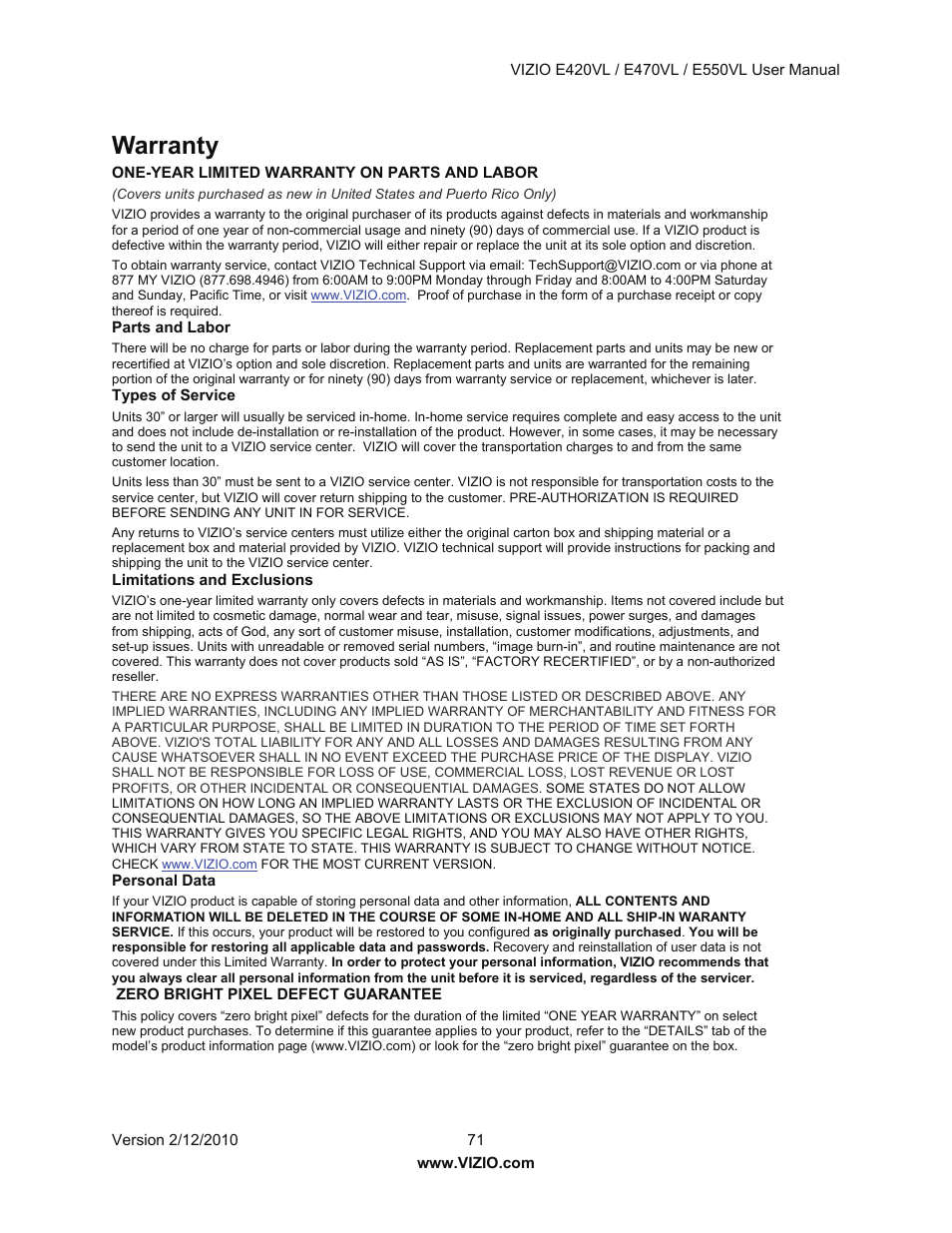 Warranty | Vizio E550VL User Manual | Page 71 / 73