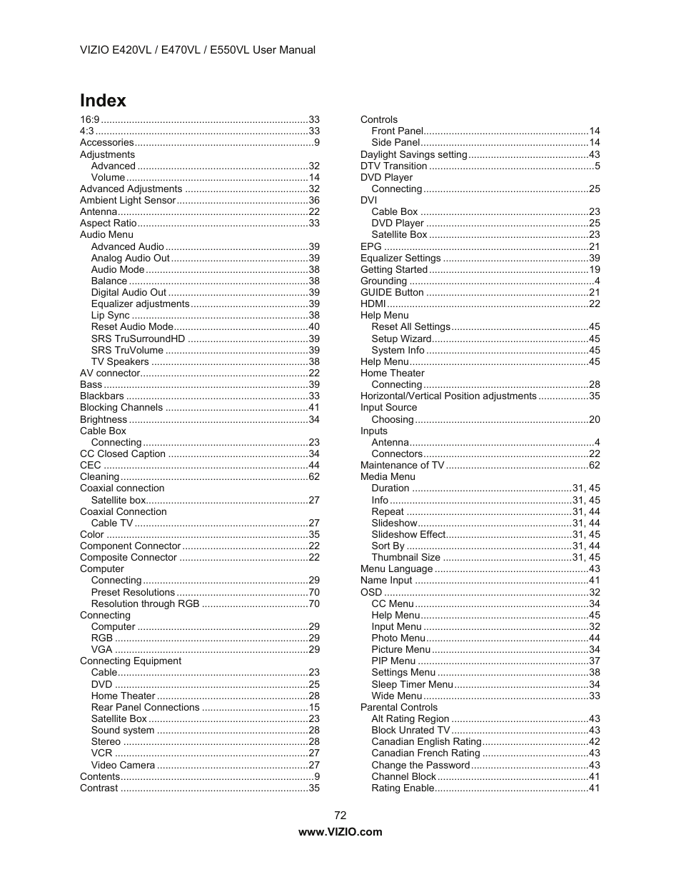 Index | Vizio E550VL User Manual | Page 72 / 73