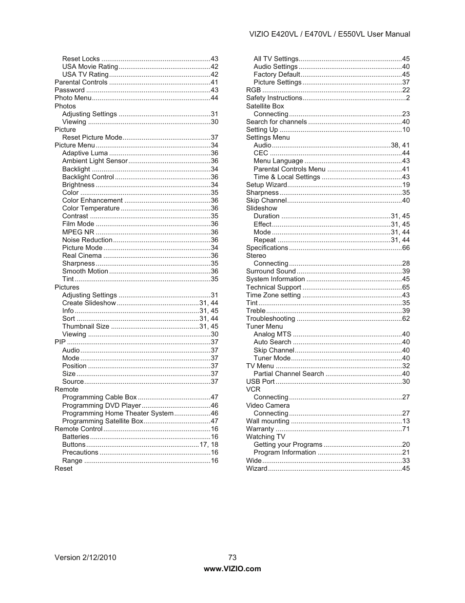 Vizio E550VL User Manual | Page 73 / 73