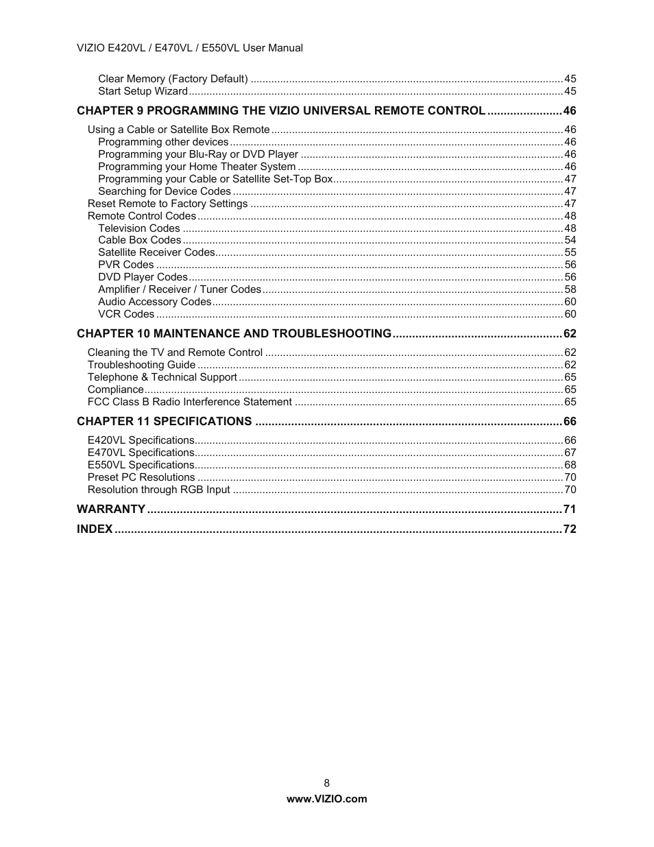Vizio E550VL User Manual | Page 8 / 73