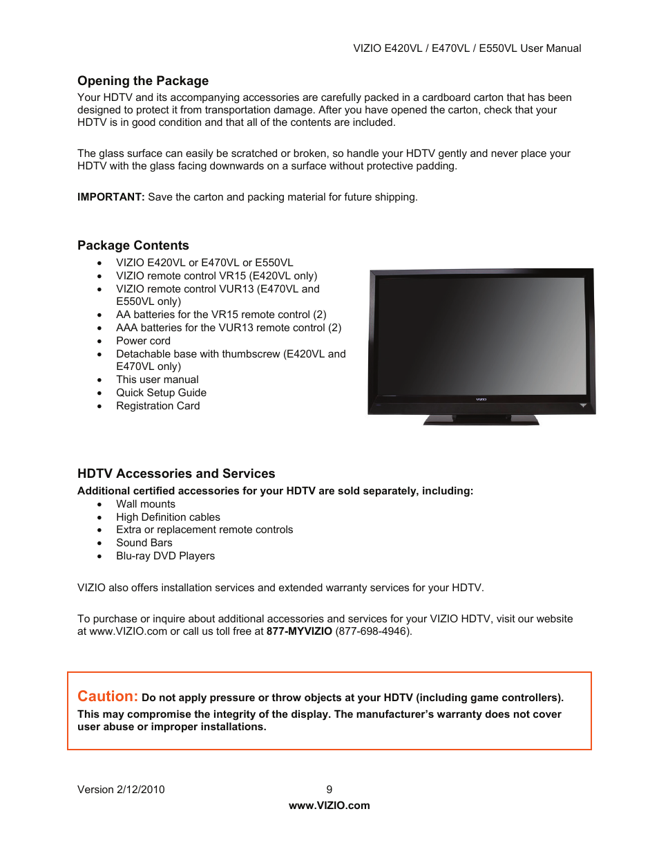 Caution | Vizio E550VL User Manual | Page 9 / 73