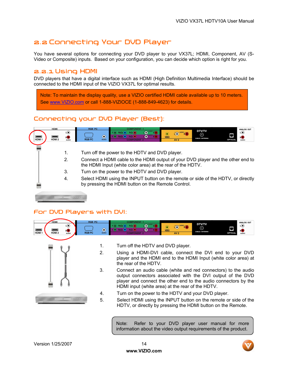 2 connecting your dvd player, 1 using hdmi | Vizio VX37LHDTV10A User Manual | Page 14 / 57