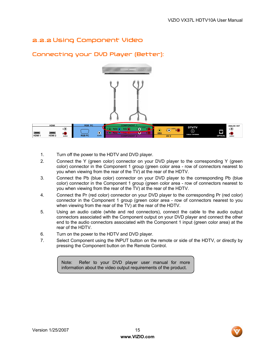 2 using component video | Vizio VX37LHDTV10A User Manual | Page 15 / 57