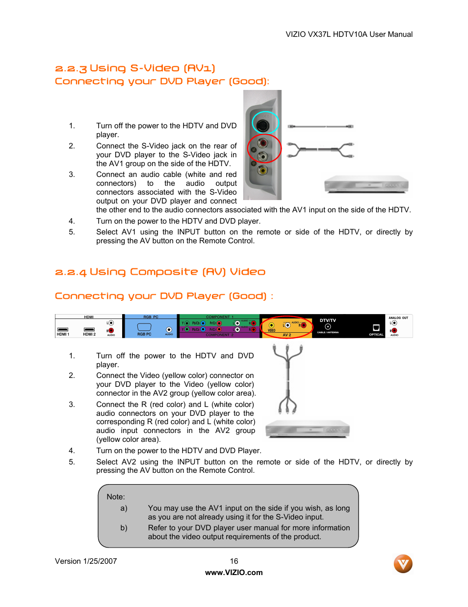 3 using s-video (av1), 4 using composite (av) video | Vizio VX37LHDTV10A User Manual | Page 16 / 57