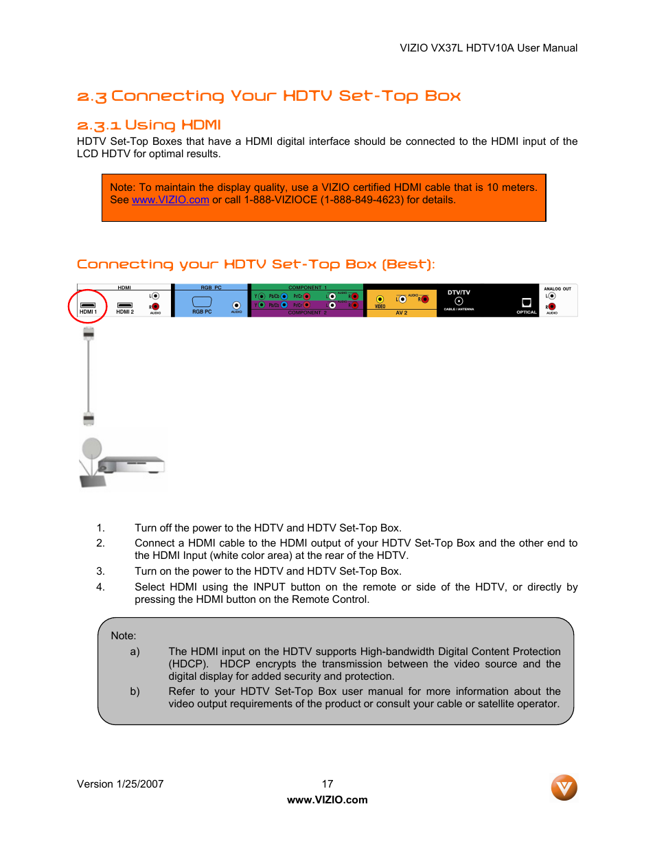 3 connecting your hdtv set-top box, 1 using hdmi | Vizio VX37LHDTV10A User Manual | Page 17 / 57