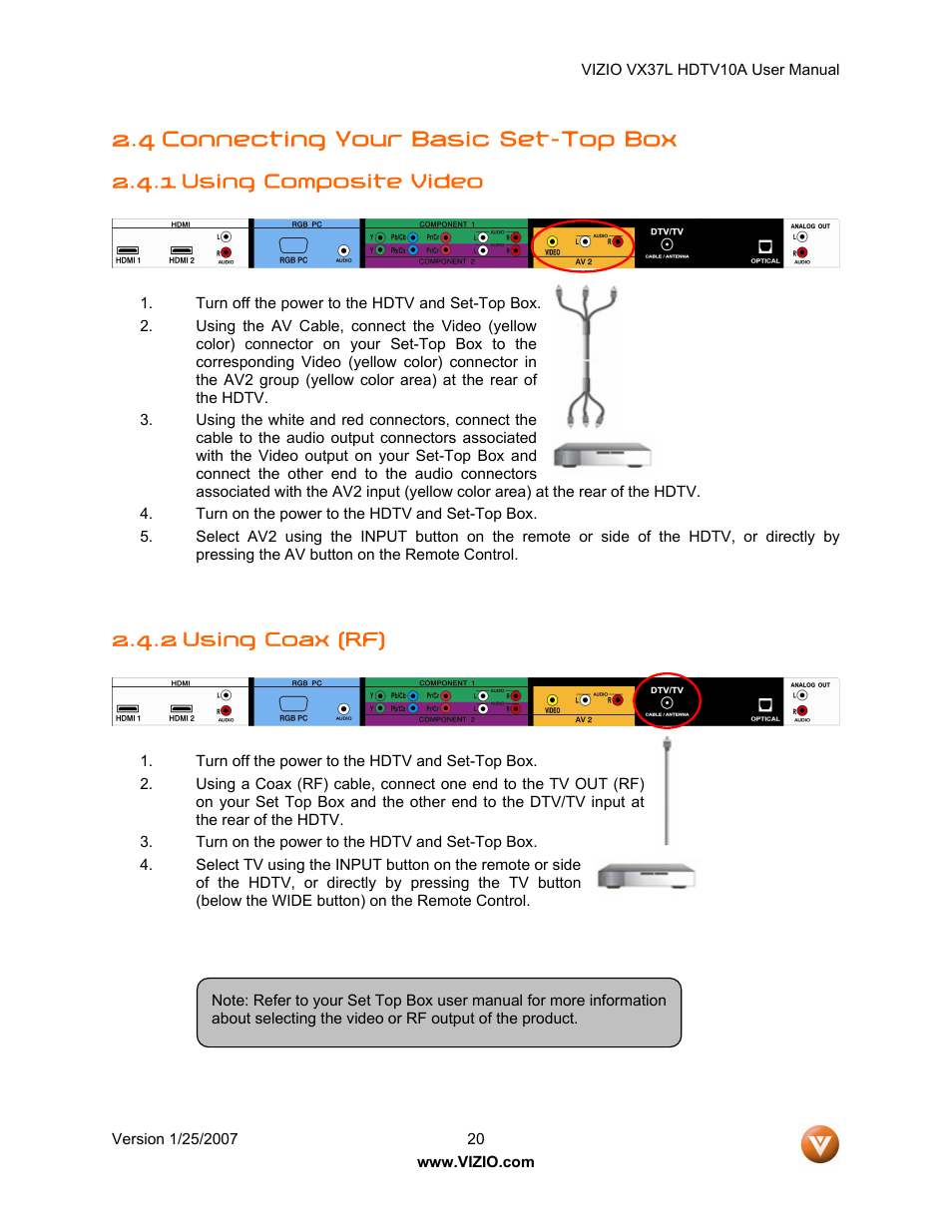 4 connecting your basic set-top box, 1 using composite video, 2 using coax (rf) | Vizio VX37LHDTV10A User Manual | Page 20 / 57