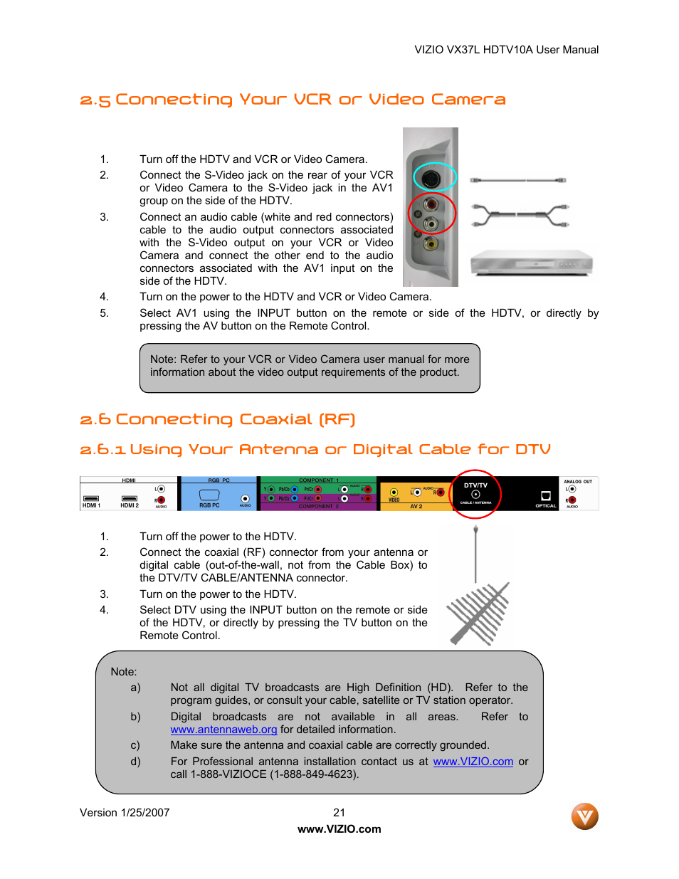 5 connecting your vcr or video camera, 6 connecting coaxial (rf), 1 using your antenna or digital cable for dtv | Vizio VX37LHDTV10A User Manual | Page 21 / 57