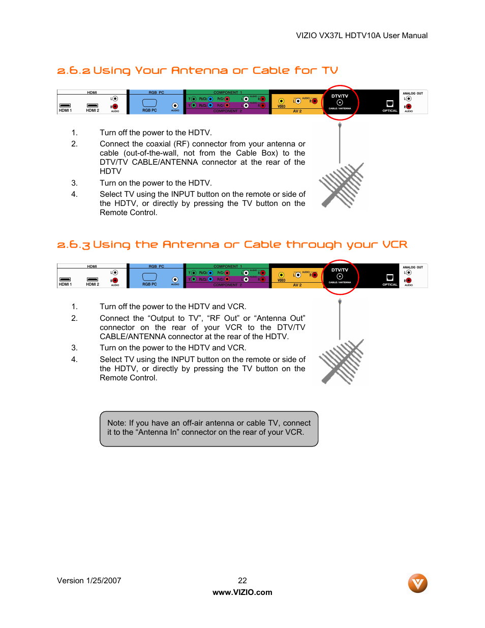 2 using your antenna or cable for tv, 3 using the antenna or cable through your vcr | Vizio VX37LHDTV10A User Manual | Page 22 / 57