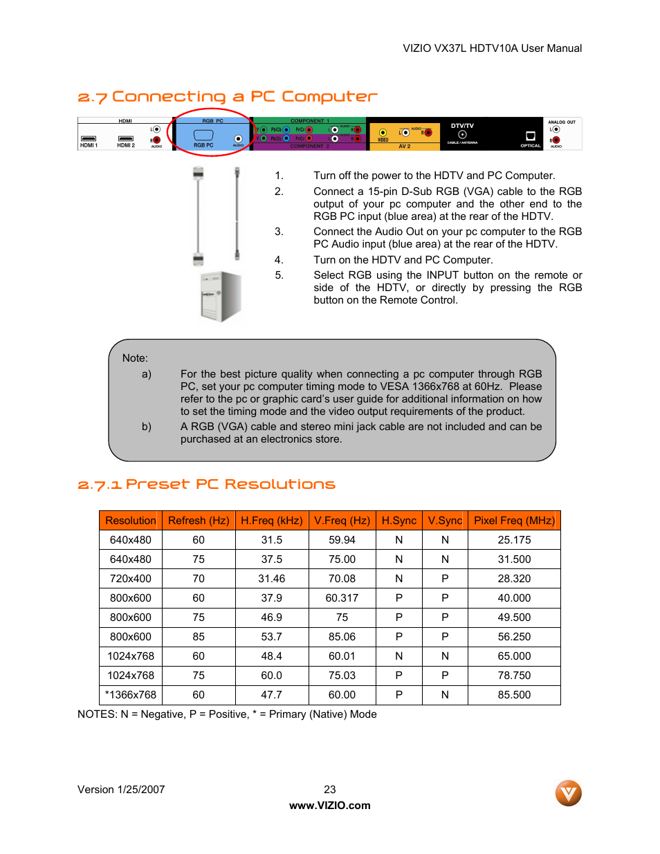 7 connecting a pc computer, 1 preset pc resolutions | Vizio VX37LHDTV10A User Manual | Page 23 / 57