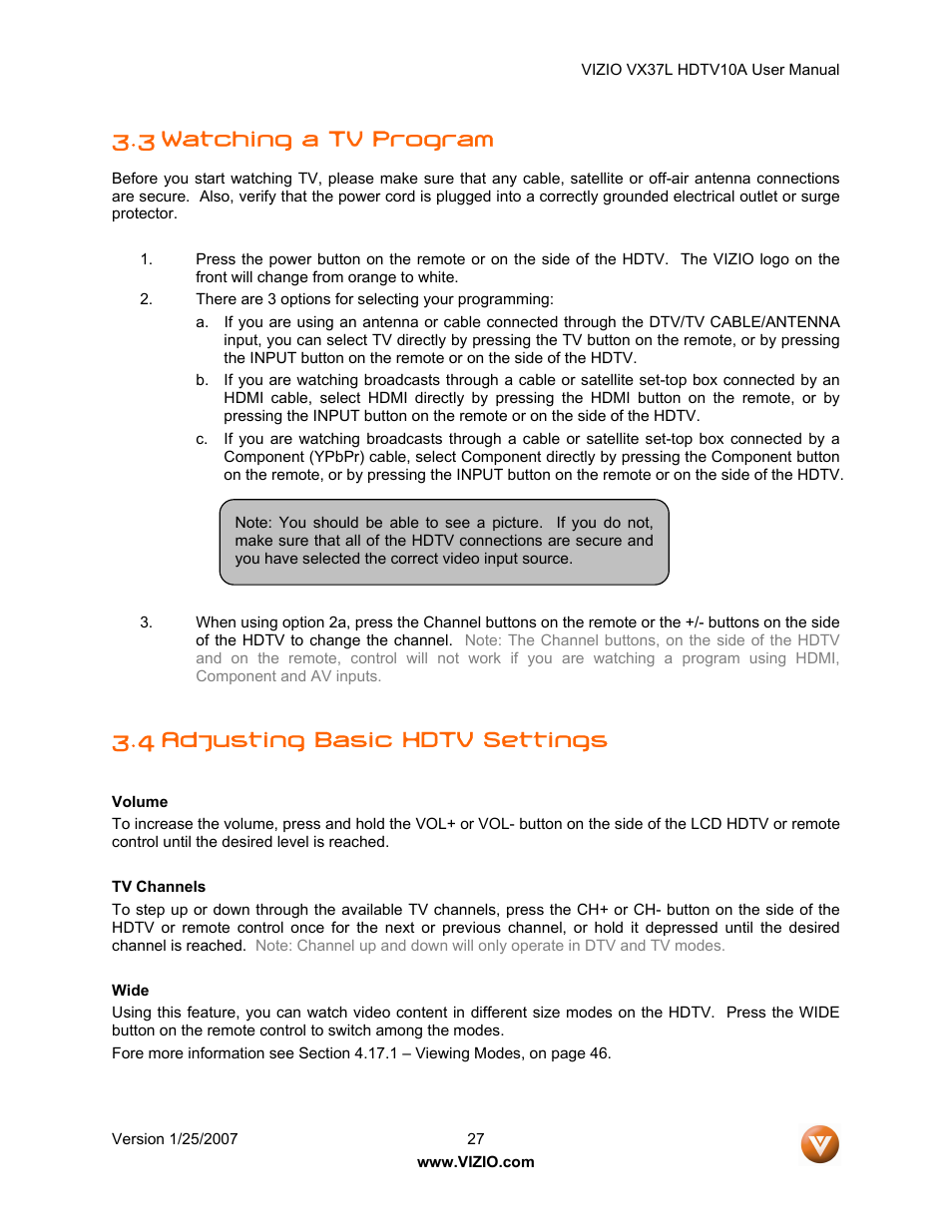 3 watching a tv program, 4 adjusting basic hdtv settings | Vizio VX37LHDTV10A User Manual | Page 27 / 57