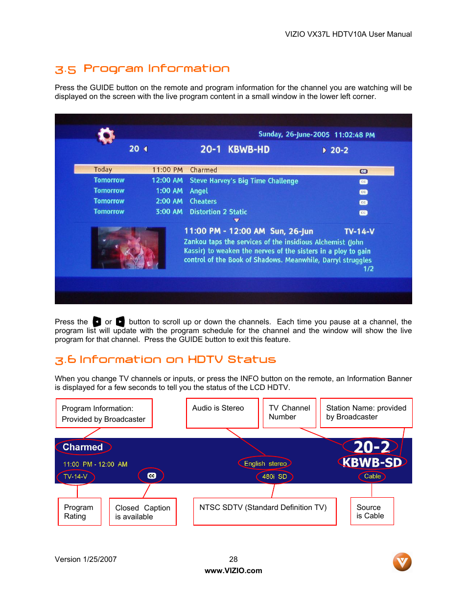 5 program information, 6 information on hdtv status | Vizio VX37LHDTV10A User Manual | Page 28 / 57