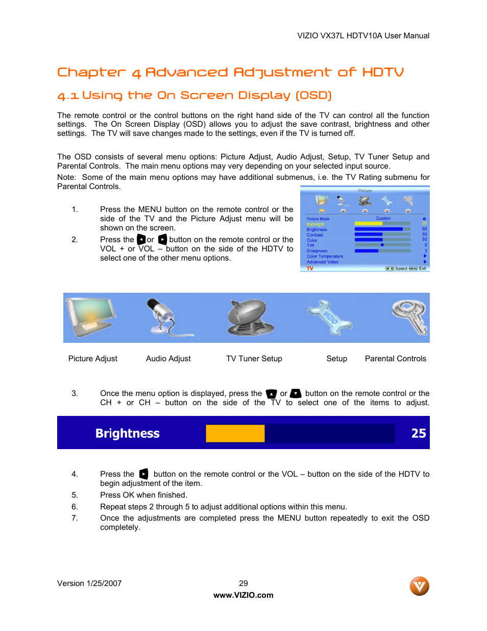 Chapter 4 advanced adjustment of hdtv, 1 using the on screen display (osd) | Vizio VX37LHDTV10A User Manual | Page 29 / 57