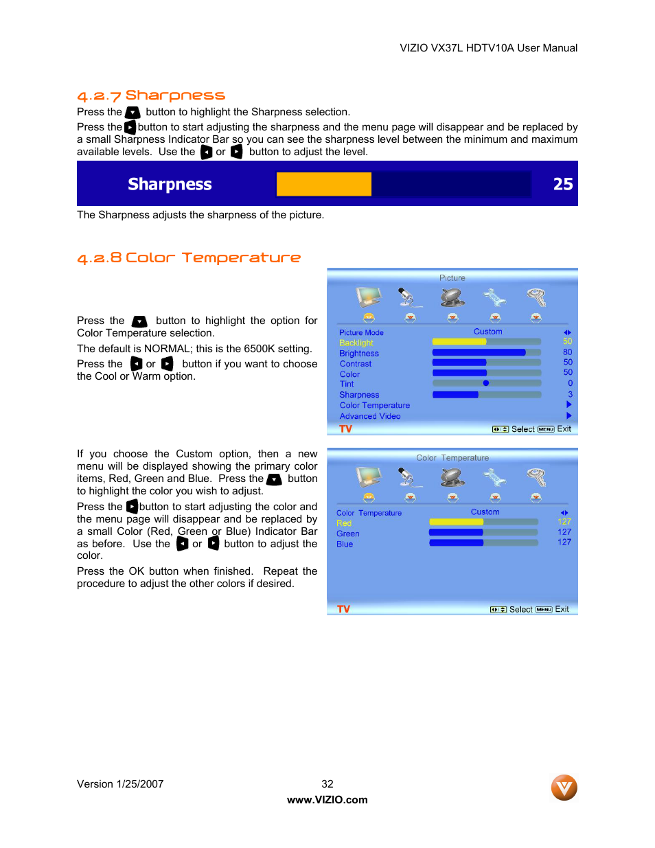7 sharpness, 8 color temperature | Vizio VX37LHDTV10A User Manual | Page 32 / 57